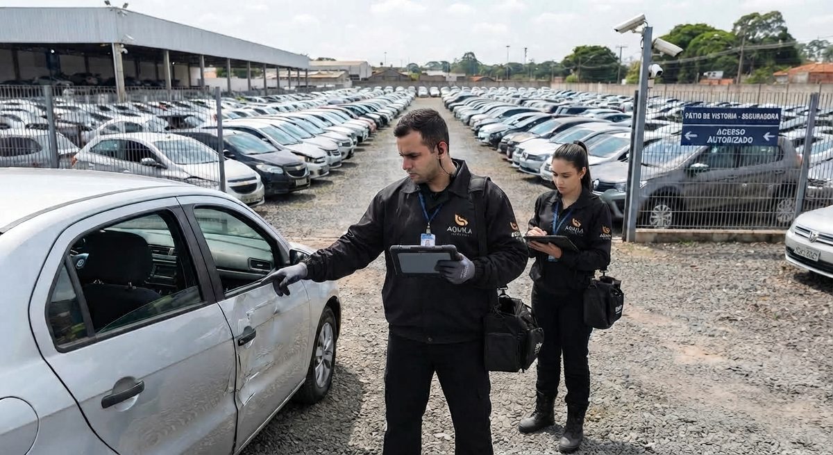 Vistoriadores da Aquila Perícia examinando um veículo em pátio