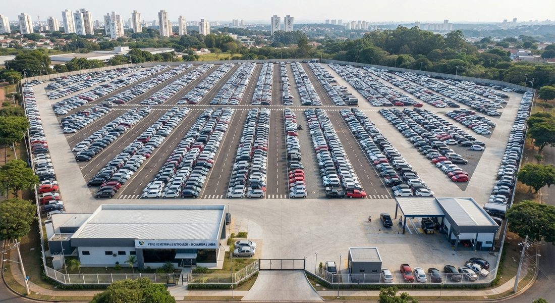 Vista aérea de um pátio com centenas de veículos